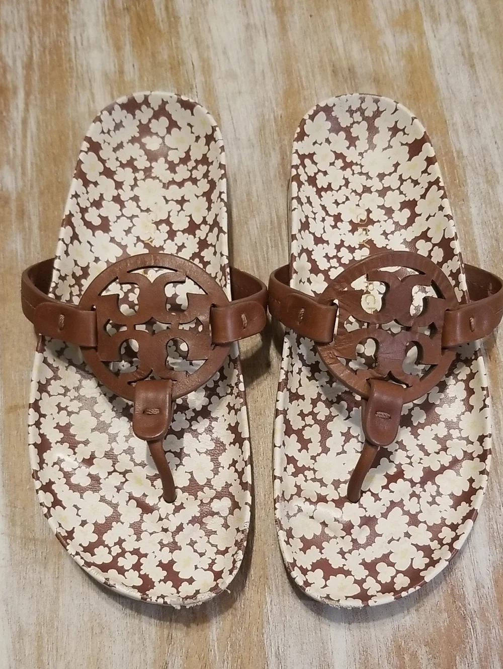 Tory Burch Brown Leather Miller Flip Sandals with Cream Floral Insole